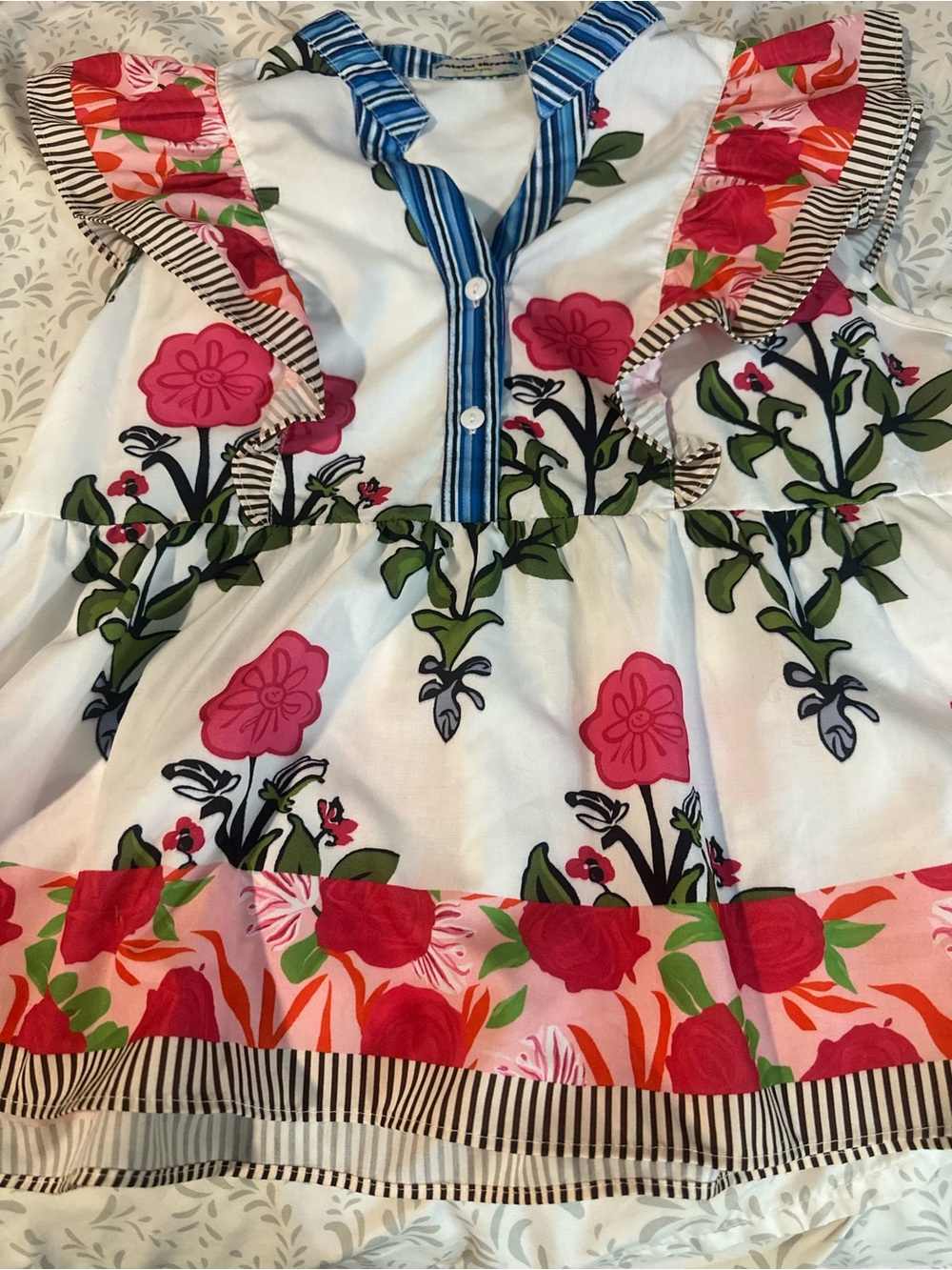 Grateful Threads Floral Button-Front Blouse in White and Pink